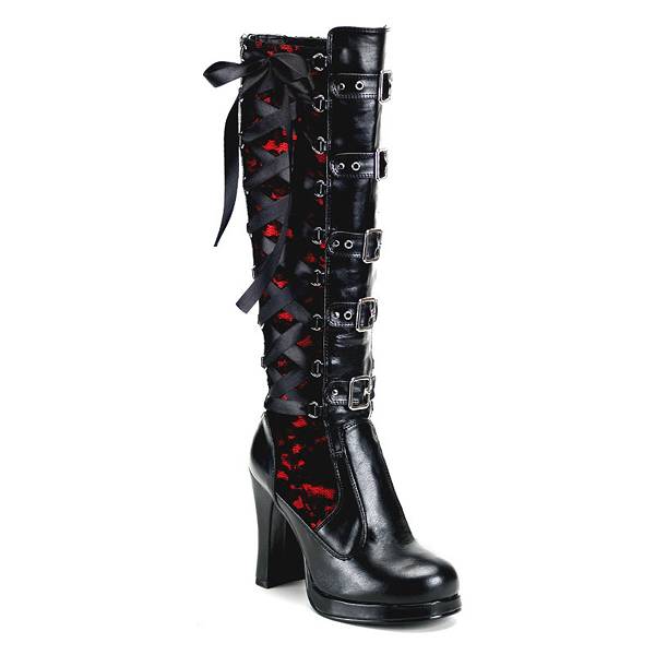 Demonia Women's Crypto-106 Knee High Boots - Black/Red Vegan Leather D1436-58US Clearance